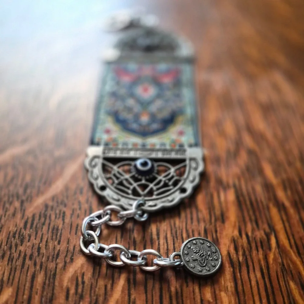Turkish Kilim Tapestry Cuff Bracelet Evil Eye Nazar Silver Tone Boho Woven Blue